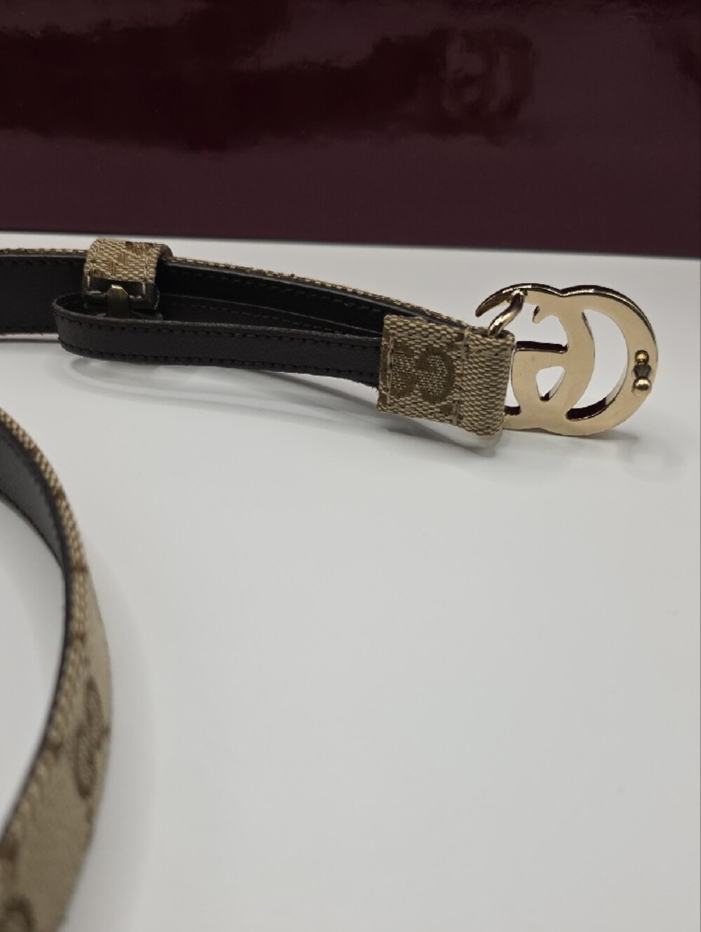 Gucci Beige Monogram GG Canvas Belt with Gold Double G Buckle - Picture 4 of 7